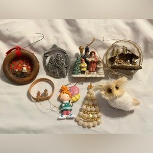 Set of 8 Vintage Christmas Ornaments Including Many Nativity, Tree, Owl, & More